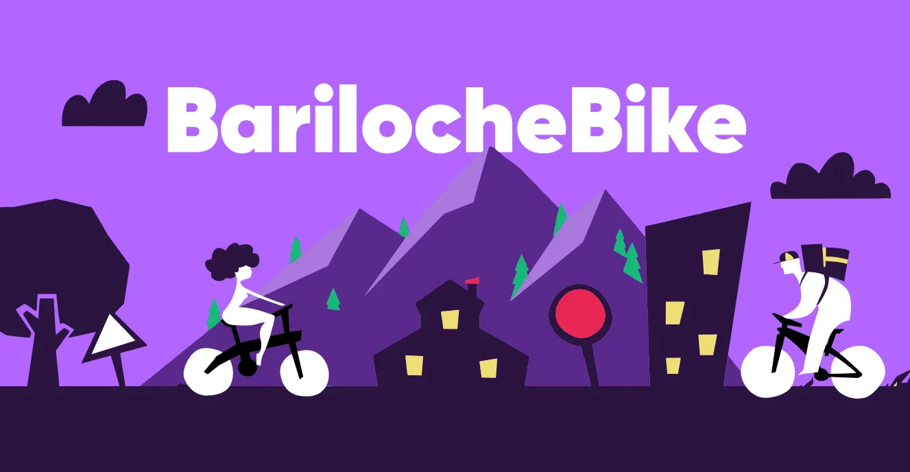 Ilustración de Bariloche Bike con montañas y ciclistas