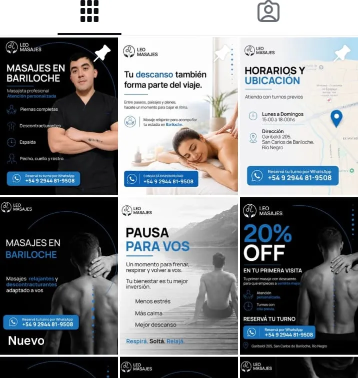 Feed de Instagram de Leo Masajes con publicaciones de servicios, bienestar, información y promociones