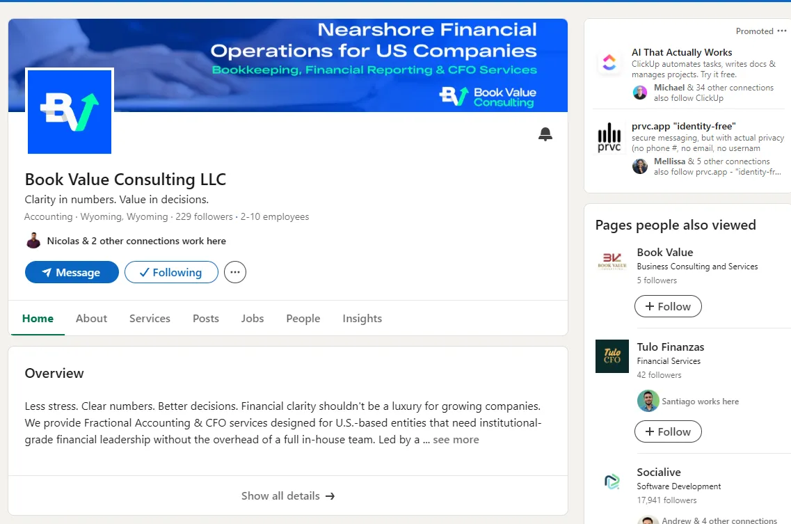 Página de LinkedIn de Book Value Consulting trabajada como parte de la estrategia B2B